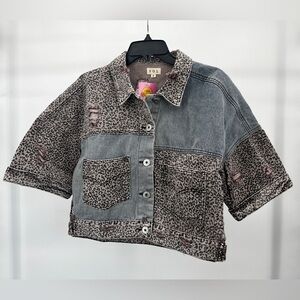 POL By Dressed In LALA Denim and Leopard Print Jean Cropped Women's Top Trendy